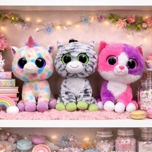 Ty Beanie Boos:Wishful Unicorn, Zig-Zag Zebra & Cat Pellie Retired (9” Medium)